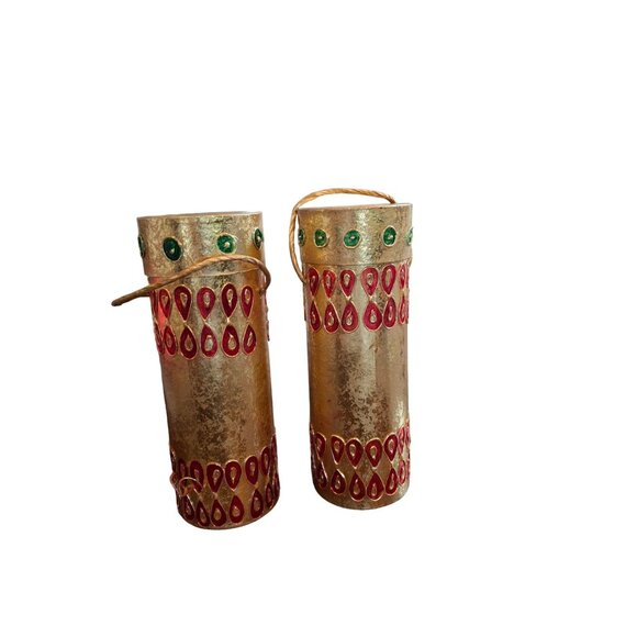 Christmas Handcrafted Decorative Gold Cylindrical Storage Containers Red Green - Picture 2 of 8